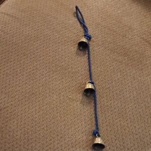 Vintage Trio Of Etched Brass Bells Of Sarna On A Blue Braided Rope